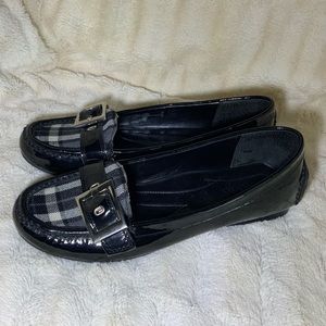 FRANCO SARTO “Shiloh” Black Patent Leather Plaid Loafers buckle. Women size 8.5